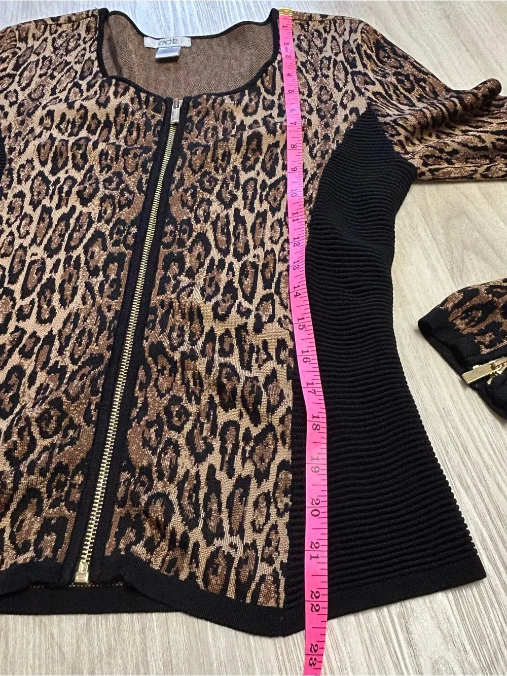 Cache Leopard Knit Zip Up Cardigan Womens XS Longs Sleeve Gold Brown